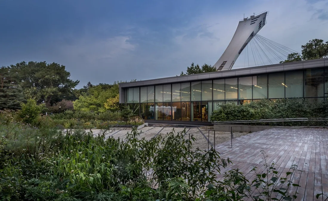 Glass pavilion at dusk