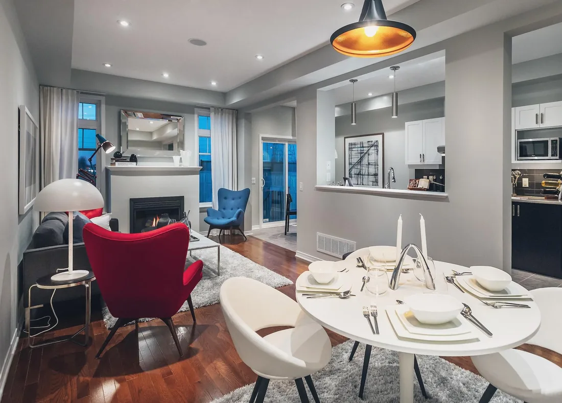 Living and dining room at dusk